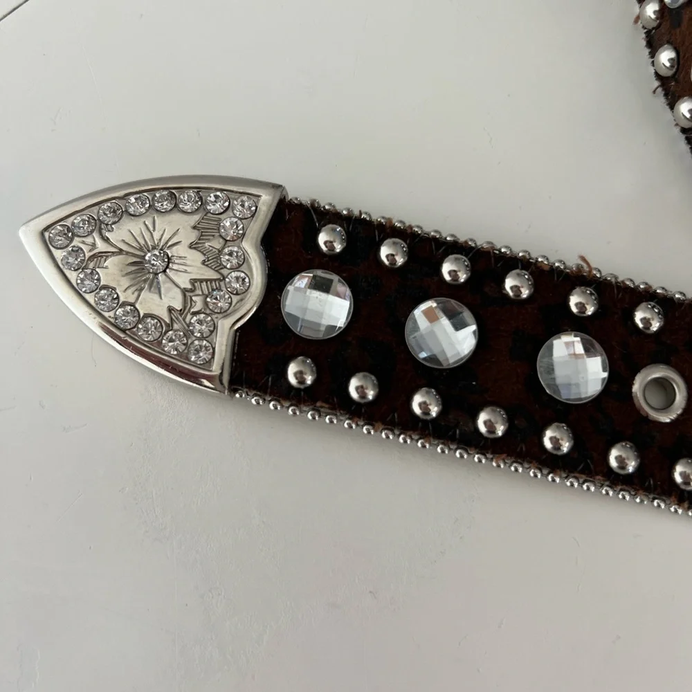 Leather Leopard‎ Print Rhinestone Silver Metal Western Studded Belt